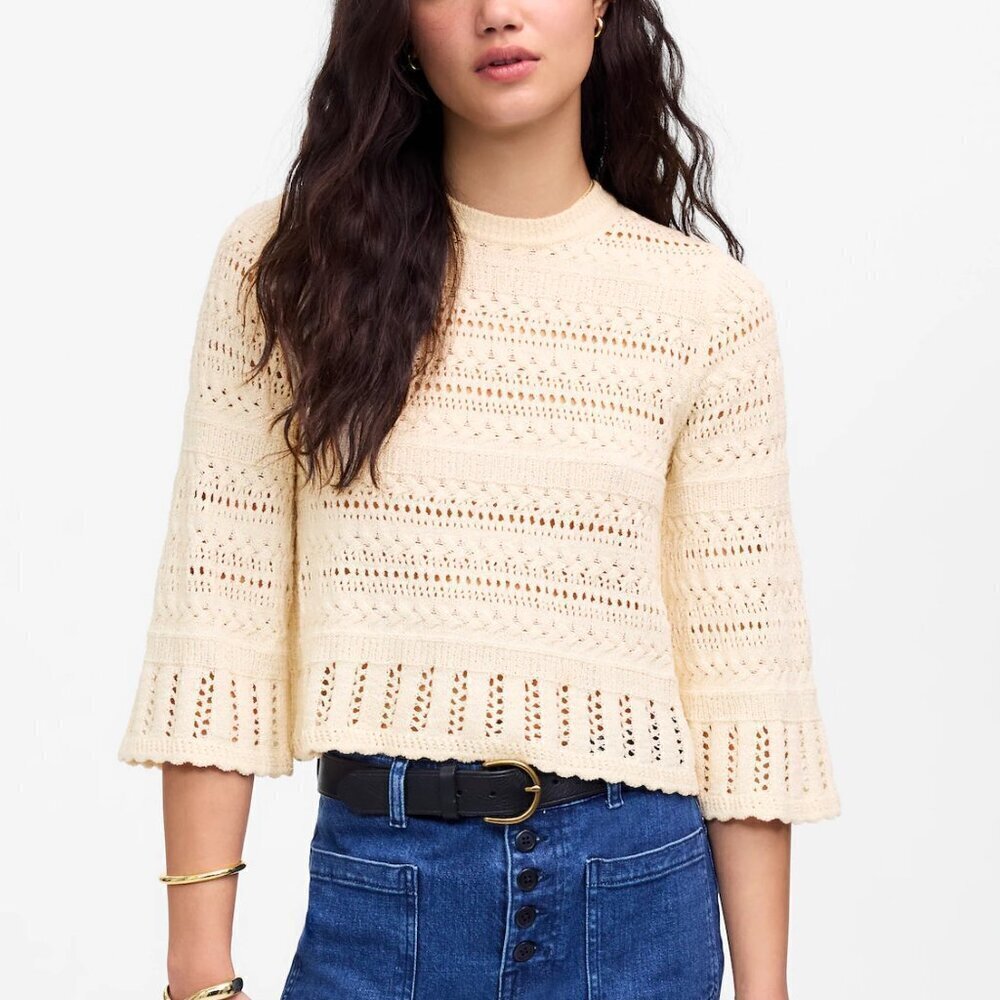Madewell Scalloped-Trim Sweater Tee Relaxed Fit Cropped Cream Size M NWT